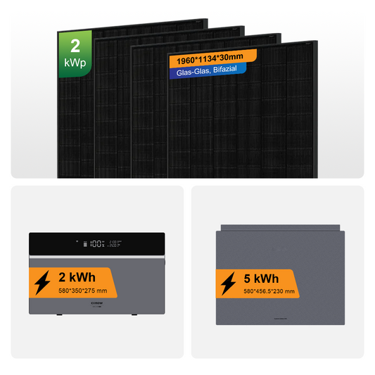 CONOW 7 kWh‑Balkonsolarsystem, CONOW CBE2000Pro 2,048 kWh All‑in‑One‑Energiespeicher + CONOW CME04‑50 5 kWh‑Erweiterungsbatterie + 4 Stück Jolywood JW‑HD108N‑R2 500 W PV Module, N‑Typ, bifazial, Glas‑Glas, Transparent‑Black