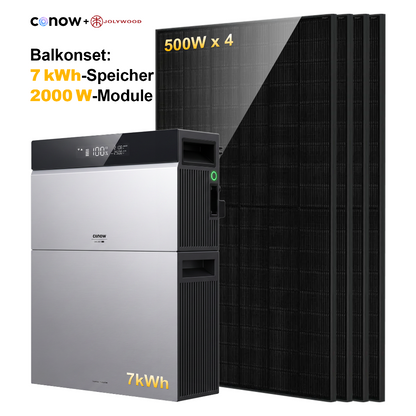 CONOW 7 kWh‑Balkonsolarsystem, CONOW CBE2000Pro 2,048 kWh All‑in‑One‑Energiespeicher + CONOW CME04‑50 5 kWh‑Erweiterungsbatterie + 4 Stück Jolywood JW‑HD108N‑R2 500 W PV Module, N‑Typ, bifazial, Glas‑Glas, Transparent‑Black