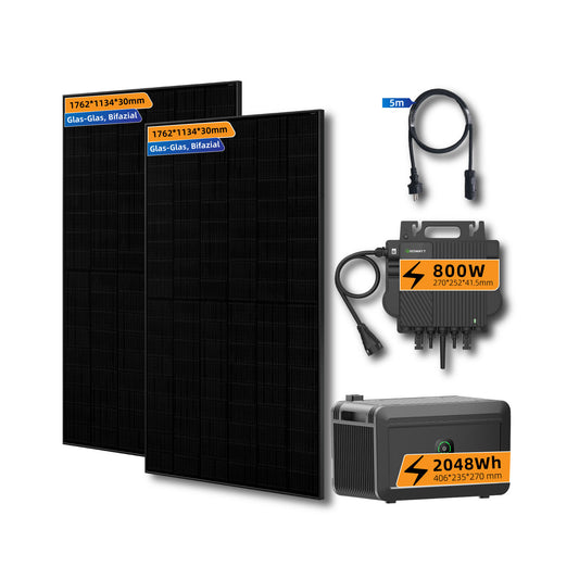 Balkonkraftwerk 800W, Growatt Mikrowechselrichter NEO 800M-X, 2 x Glas-Glas Solarmodule, mit Batteriespeicher