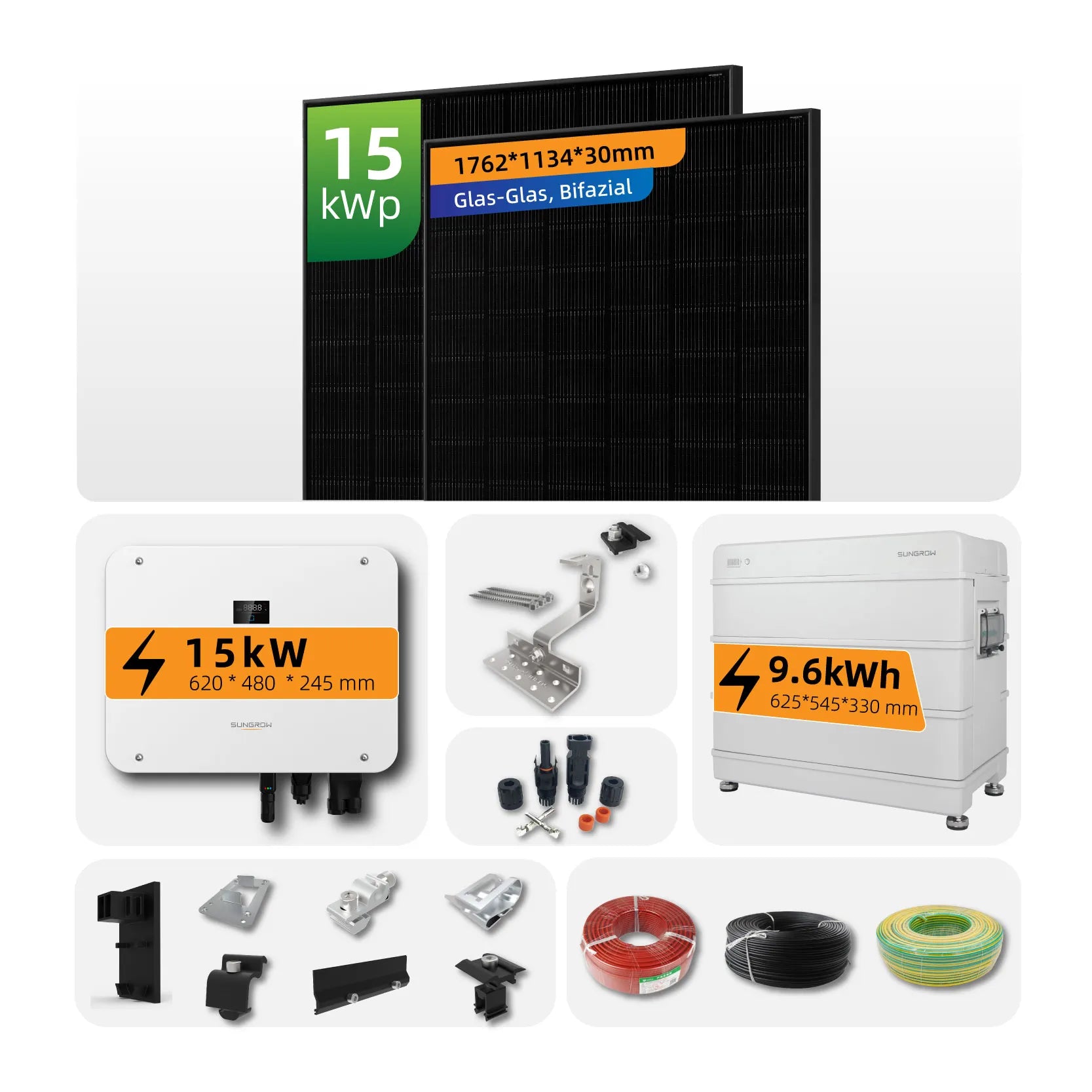 Sungrow 15 kW Komplettes Solarsystem mit 10/20 kWh Batterie und Sungrow SH15T Hybrid-/AC 3-Phasen-Wechselrichter + Full Black JA Solar JAM54D41-440LB / Suntech STP440S 440W Bifaziale PV-Module