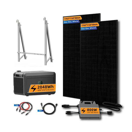 800W Balkonkraftwerk, TSUN Mikrowechselrichter TSOL-MS800-D, 2 x Glas/Glas Solarmodule, Batteriespeicher, Komplettset für Flachdach/Metalldach/Boden