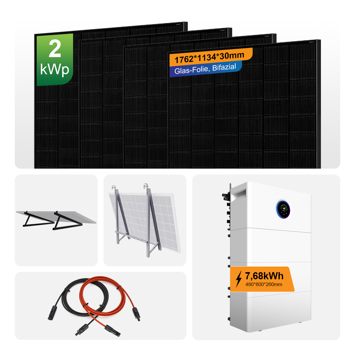 GOODWE 2kW-Balkonkraftwerk, 1,6 kW/7,68 kWh All-in-One-Speicher mit JA Solar 460W Solarmodul JAM54D41-460/LR, Sowie 2 optionale Solarhalter M1D-W1200 + M1B-W1150.