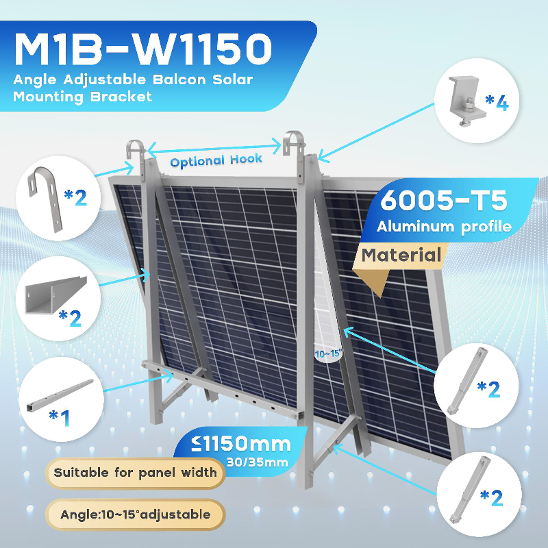 Hopergy M1B-W1150+G1-R60, Dreieckiger Balkon-Solarhalter, einfache DIY-Montage, 10~15° verstellbar, 5 Jahre Garantie